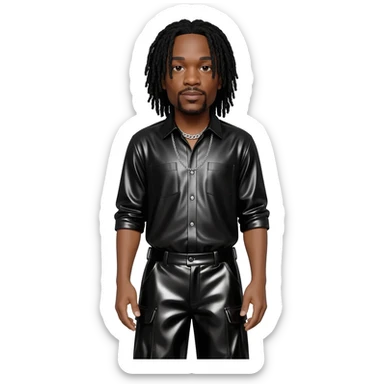 Jay Z with long black hair, black metallic shirt, black metallic baggy pants, silver necklace sticker