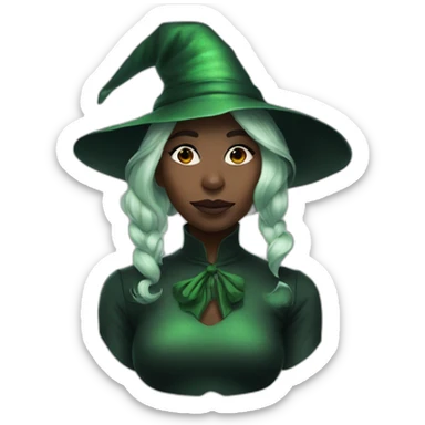 Cynthia Erivo with green skin and a witch hat sticker