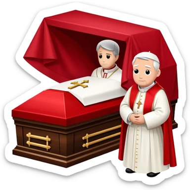 A solemn papal funeral with St. Peter's Basilica, a coffin draped with red cloth, and clergy in ceremonial attire sticker