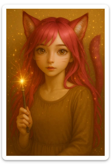 Add sparkles, magical glows, and shimmering effects around the catgirl and her accessory, keeping the realistic anime style. Maintain the realistic anime look with glowing particles and magical auras enhancing the scene. sticker