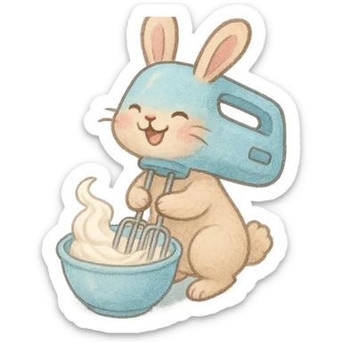 hand mixer rabbit, soft fluffy, spinning cream, joyful expression, soft pastel blue, full-body sticker