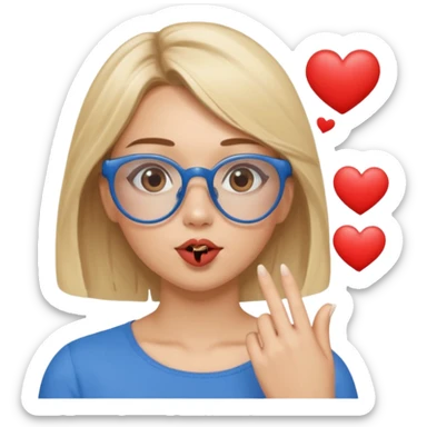 Asthectic Blonde women with brown eyes, blue glasses, waering a brown top, blowing a kiss with hearts around her. sticker
