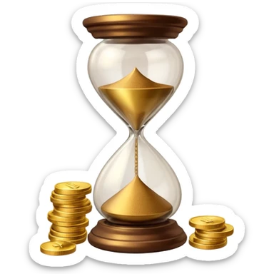 Realistic 3D render of a stack of shiny gold coins with brown hourglass beside it. The hourglass has transparent glass with dark golden-brown sand flowing inside and warm brown top and base. Soft lighting, clean white background, smooth shadows, high detail, symbolizing time and wealth. sticker