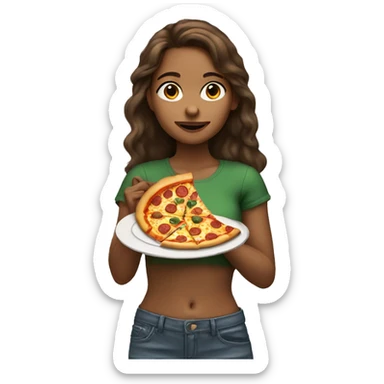 A real brown-haired girl eats pizza sticker