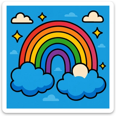 a rainbow with fluffy clouds, vivid colors, playful style, vibrant toon sticker