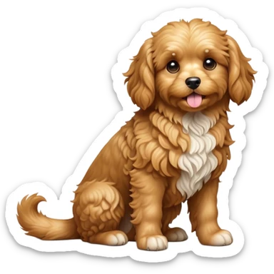cinematic-[cavoodle dog]-realistic-full-body-sitting-emoji,-tail-resting-loosely-beside-its-paws,-head-tilted-dramatically,-very curly-[solid golden]-fur,-simplified-yet-realistic-focused-features,-highly-detailed,-glowing-with-an-almost-sarcastic-glow sticker