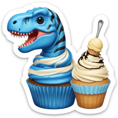 A cupcake having blue and black icing and a dinosaur as a decoration and ice cream next to it sticker