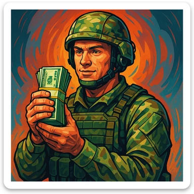 a soldier holding a stack of money, modern illustration style, detailed, vibrant colors sticker