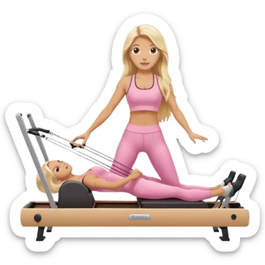 long haired blonde pilates instructor teaching reformer in pink set beige reformer sticker