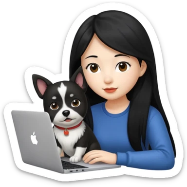 Asian girl with long black hair working on an Apple laptop, next to her is a small black and white dog sticker