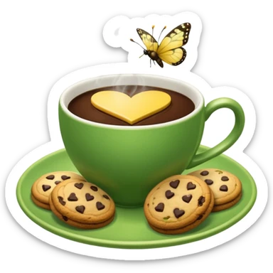 A green coffee cup, steaming in a heart shape, has a yellow butterfly print on it. The cup sits on a green saucer surrounded by cookies. sticker