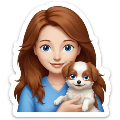 long hair chestnut color blue eyes woman holding small just white dog sticker