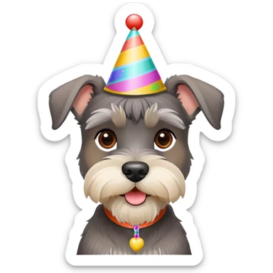 A schnauzer dog wearing a colorful birthday hat sticker