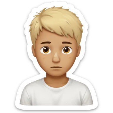 Male with short, messy blonde hair, large expressive golden-brown eyes, brown skin color, scar over nose, wearing a plain white t-shirt. sticker