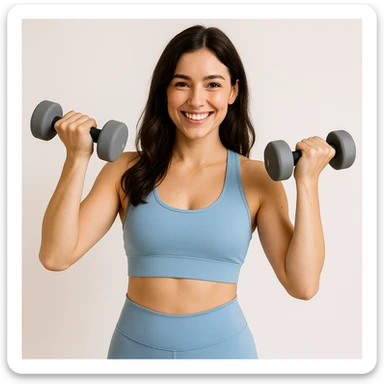 brunette girl lifting dumbbells, dressed in light blue sportswear, smiling, minimal background sticker