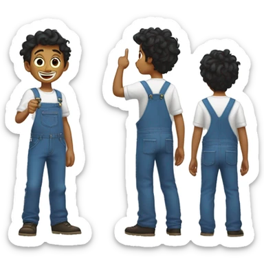 emoji of a boy from behind, pointing to the sky, white shirt and blue overalls, wavy dark brom hair, emoji style, pixar style, simple style, emoji. sticker