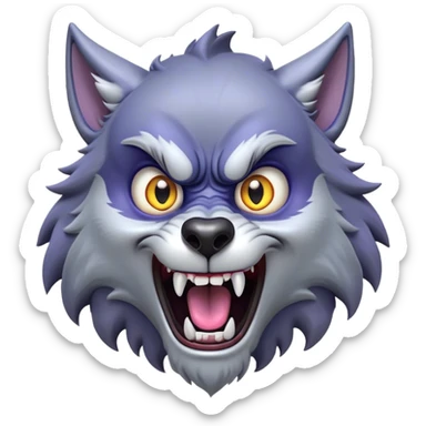 Cinematic Comical Werewolf Portrait Emoji, with a whimsically exaggerated lupine face in vivid moonlit grays and silvers, head cocked in a dramatically shocked expression with comically oversized, wide eyes and a playful snarl, simplified yet hilariously expressive, highly detailed with a soft cartoonish glowing outline capturing the mischievous humor of a werewolf mid-transformation! sticker