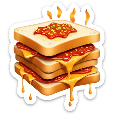 extra spicy sucuk sandwich object icon, crispy toasted bread, lots of spicy sucuk slices, dripping melted cheese, hot chili sauce, red pepper flakes, spicy steam effect, 3D cartoon, mobile game icon style, clean background, no text, no watermark
 sticker