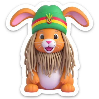a bunny wearing a Rasta hat with dreadlocks, smiling, Jamaican theme sticker