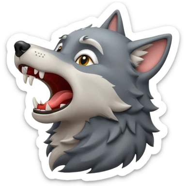 emoji of a wolf howling, head tilted upward with open mouth, small sound lines near the mouth to show the howling action, simple cartoon style sticker