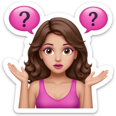 girl with long wavy brown hair, brown eyes, long lashes makeup, sexy pink lips, light to medium complexion, pink sexy top, two hands up, shrugging, confused question mark bubble sign sticker