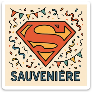 symbol combining Superman S and festive elements like confetti and flags, bright colors, cartoon style, representing Sauvenière sticker