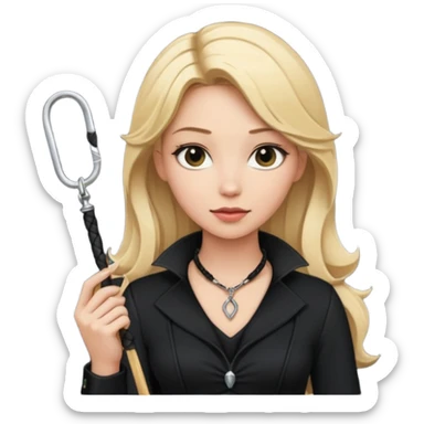 Dominatrix with blonde hair, black outfit, long key necklace, and a whip sticker