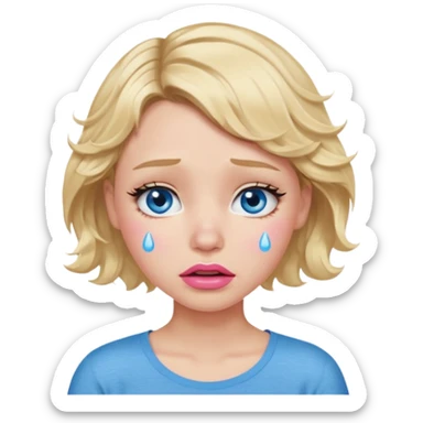 Girl Blonde short wavy hair,  blue eyes, cute blue top, long lashes, pink lips,crying with big tears running down the face  sticker