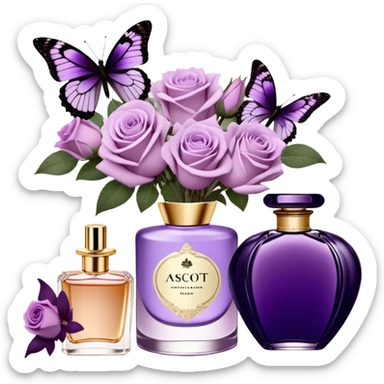 A delicate bouquet of soft lilac Ascott tea roses rests beside a pastel violet aesthetic, accompanied by a stunning butterfly with dark orchid-colored wings, while a luxurious royal purple silk ribbon cascades elegantly next to a beautifully crafted vintage-style perfume flacon in a rich heather hue. sticker