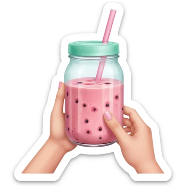 Hand-holding smoothie jar of guava or passion fruit drink, pastel pink tone. sticker