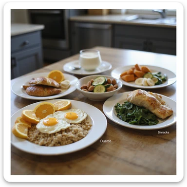 hyperrealistic 4K table with separate plates for 2000 calorie diet: breakfast with scrambled eggs, whole grain bread, orange; lunch with chicken, couscous, zucchini; dinner with cod, sweet potatoes, spinach; snacks with yogurt, banana, almonds. Plates labeled with calories, modern kitchen atmosphere sticker