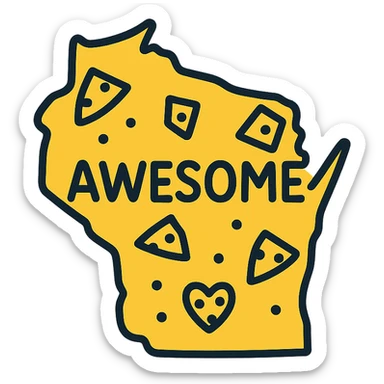 Add yellow color to the Wisconsin state outline, cheese, and the word 'AWESOME', keeping the fun, positive vibe and bold lettering in a lineal color icon style with black outlines. sticker