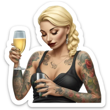 Hyper Realistic Beautiful tattooed woman crying drinking champagne  sticker