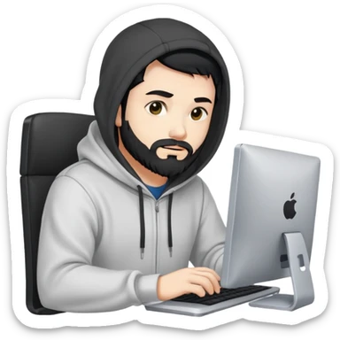 male coder with black hair, beard, and white skin, wearing a hoodie, sitting in front of a computer, focused on coding sticker