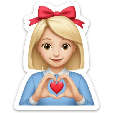 una ragazza bionda liscia con un fiocco in testa che fa un cuore con le mani sticker