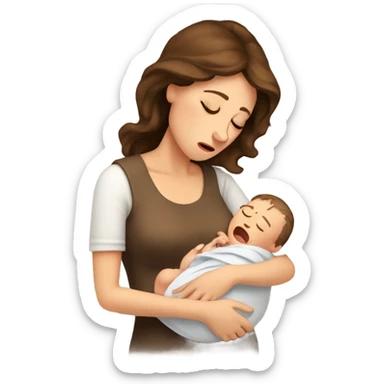 European mother brown hair crying with newborn sticker