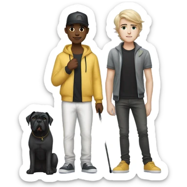 young white boy with justin beiber hairstyle standing alongside a black cane-corso sticker