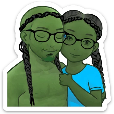 Jesus hugging a black girl with clear glasses and blue and black braids  sticker