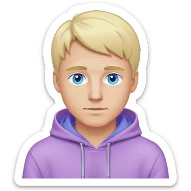 blonde man with blue eyes wearing a lilac hoodie sticker