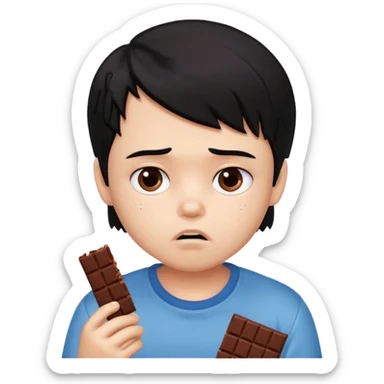 a PRETTY BRATZ boy with black hair eating chocolate and looking sad sticker