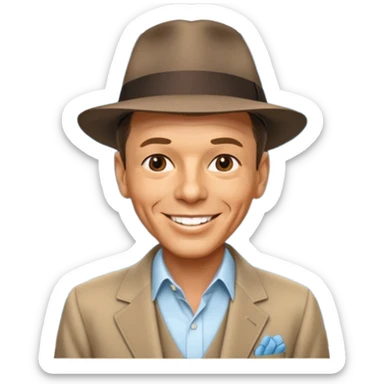 Frank Sinatra with the hat on, smiling and showing data analytics on a screen in the background sticker