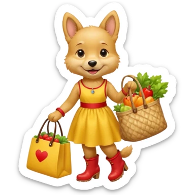 smiling-dog-in-a-yellow-dress,-red-boots,-carrying-a-market-bag sticker