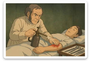 Joseph Lister, a surgeon from the late 1800s using a carbolic water spray during on operation on a patient's arm.. The water spray is being aimed at the open wound on the patient's arm.  There is a tray of operating tools to the side. sticker