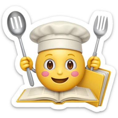 cheerful emoji holding an open cookbook, surrounded by kitchen utensils sticker