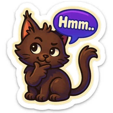 a dark-brown fluffy cute kawaii anime cat with tufted ears and a long thin tufted tail, thinking, smirking thoughtfully, saying “Hmm..” with a purple speech bubble sticker