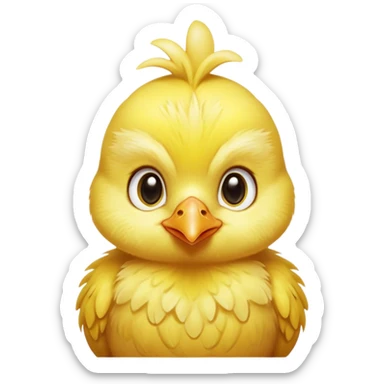 Cinematic Noble Yellow Baby Chicken Portrait Emoji, Poised and regal, with a tiny, fluffy build and a vibrant, well-groomed bright yellow downy coat, deep-set soulful beady eyes, Simplified yet sharp and sophisticated features, highly detailed, glowing with a soft, dignified glow, high shine, intelligent and charming, stylized with an air of youthful elegance, focused and attentive, soft glowing outline, capturing the essence of a watchful and confident little chick, so majestic it feels as though it could peep out of the screen with effortless authority! sticker