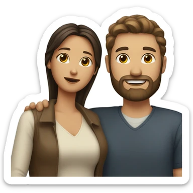 Woman with dark hair and highlights hugs Brown haired man with beard sticker