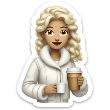 blonde girl wearing white fluffy jacket and a coffee to go in hand all dress white and a white bow on hair sticker