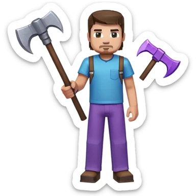 Steve from Minecraft, character with blue shirt and purple pants, holding a pickaxe sticker