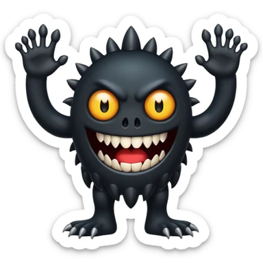 Scary, black monster with feet and arm with white eyes and like a emoji sticker